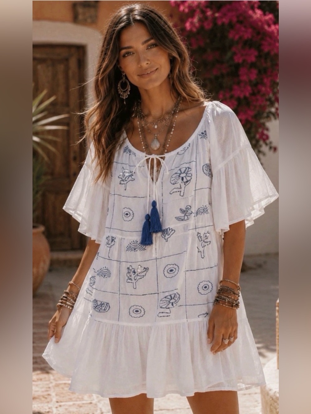 POL White Midi dress with Blue Embroidery and Tassel Tie